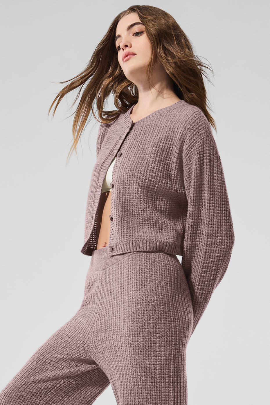 Cashmere Plush Waffle Cardigan - Mushroom Heather — photo 4