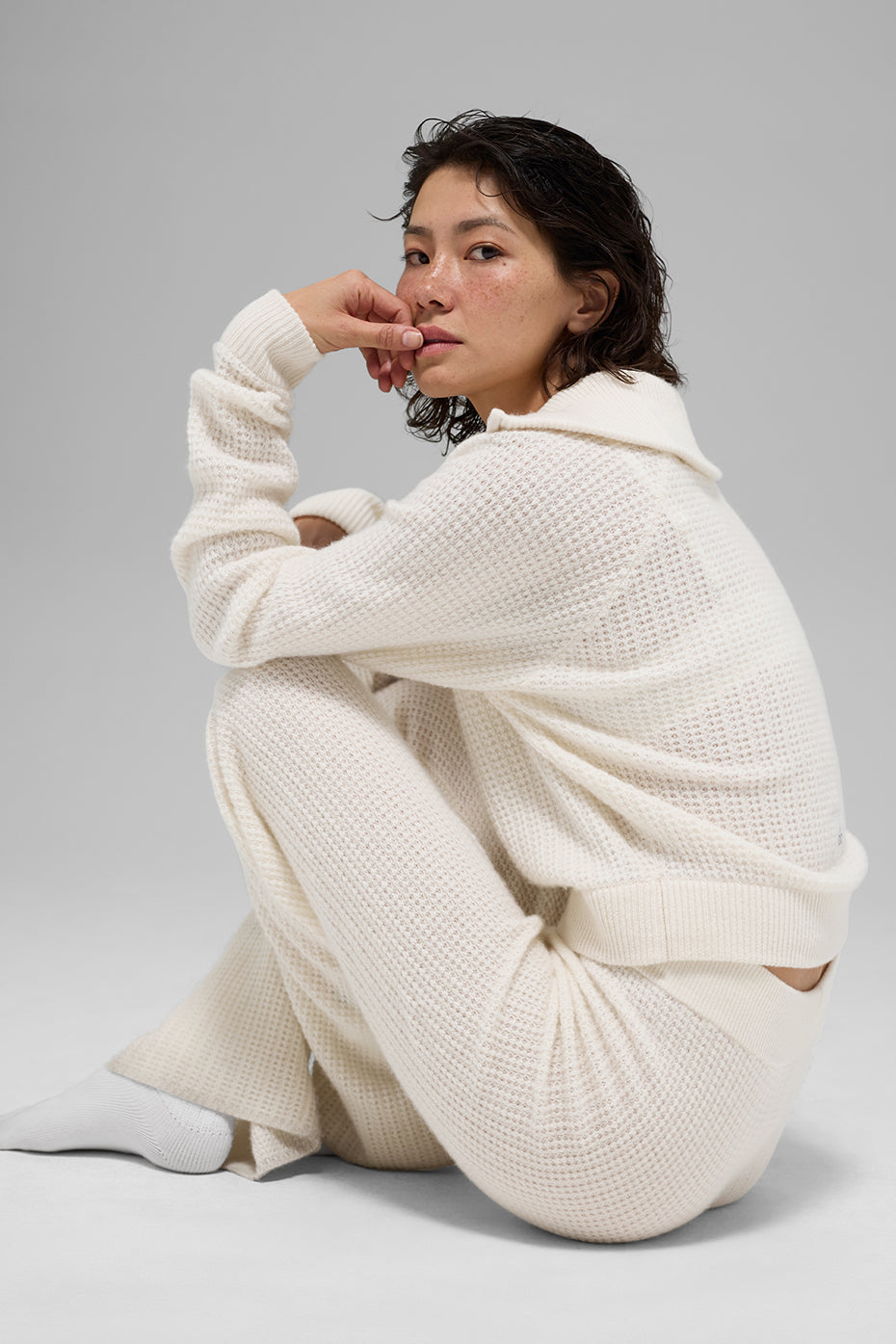 Cashmere Plush Waffle 1/4 Zip Pullover - Ivory — photo 5
