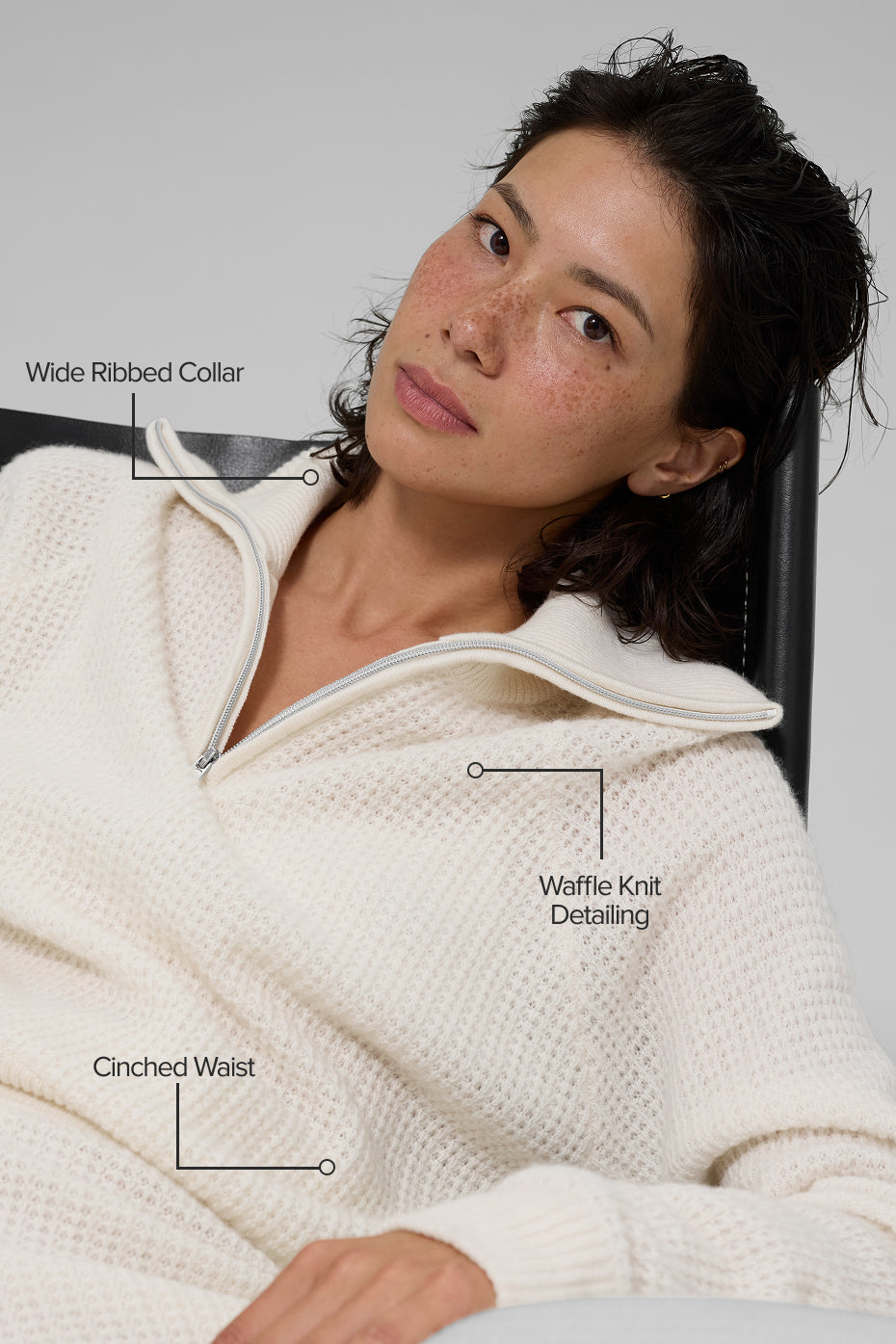 Cashmere Plush Waffle 1/4 Zip Pullover - Ivory — photo 2