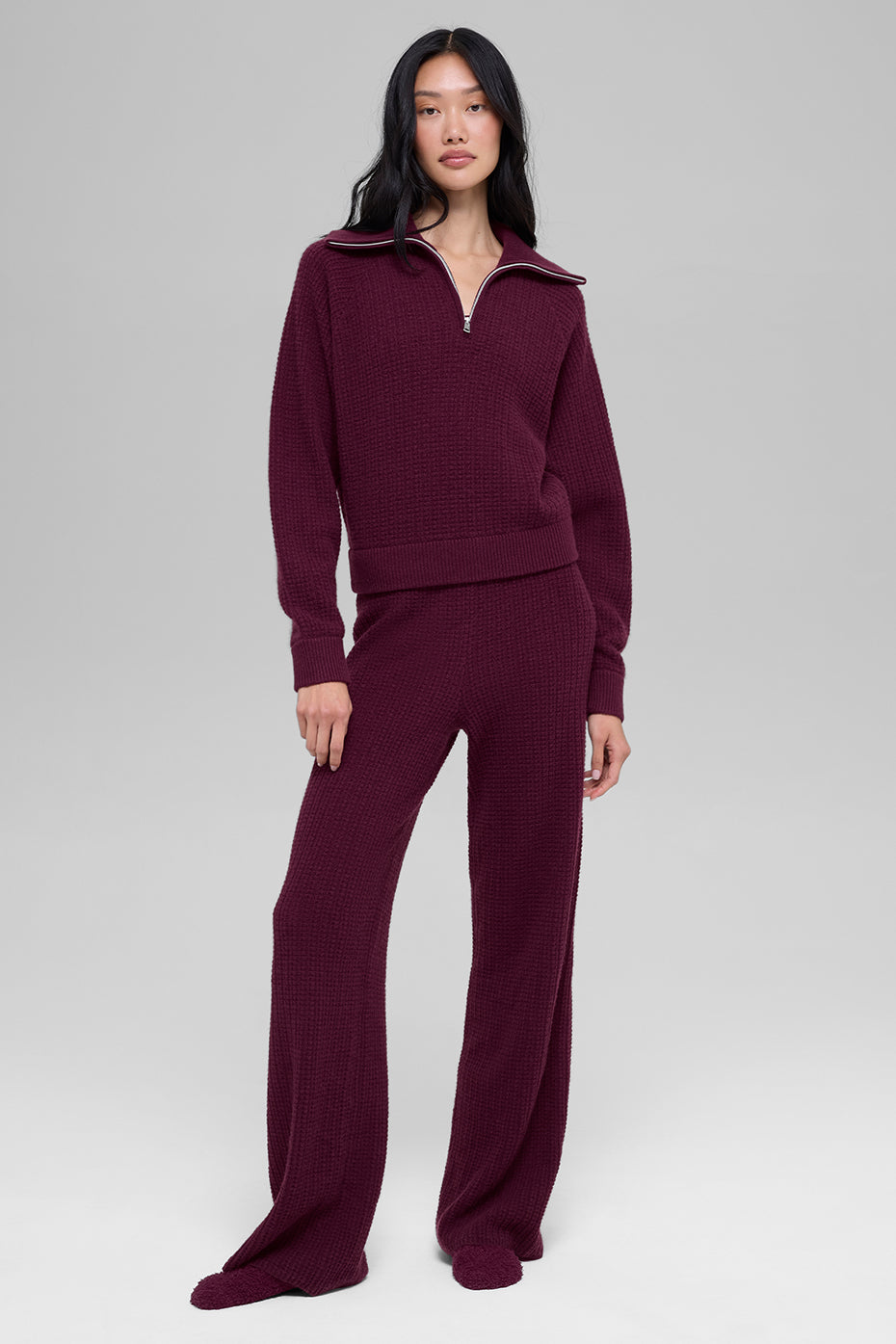 Cashmere Plush Waffle 1/4 Zip Pullover - Burgundy — photo 5