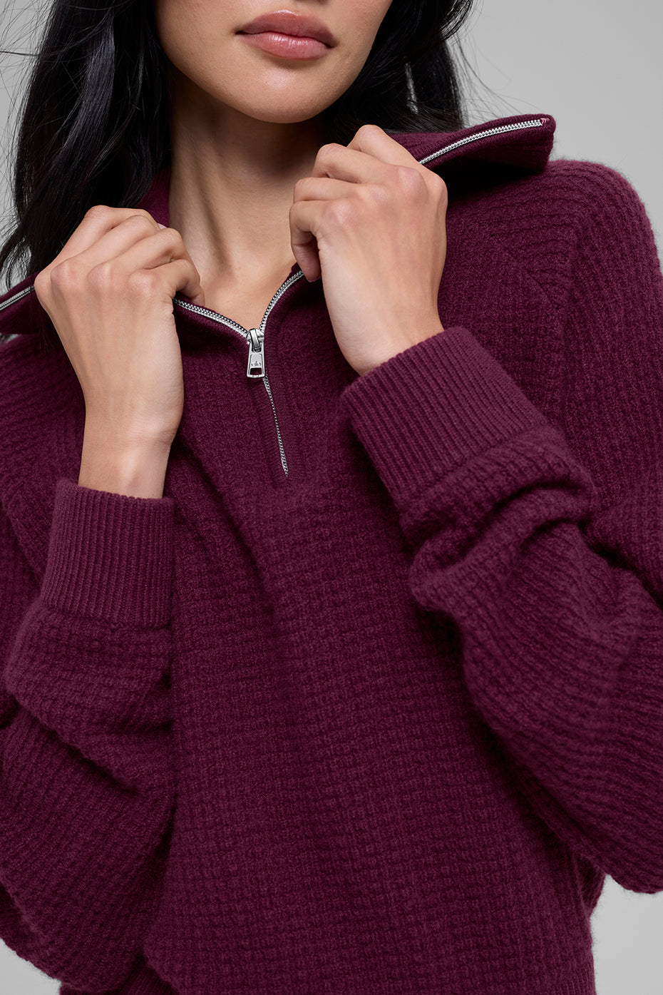 Cashmere Plush Waffle 1/4 Zip Pullover - Burgundy — photo 3