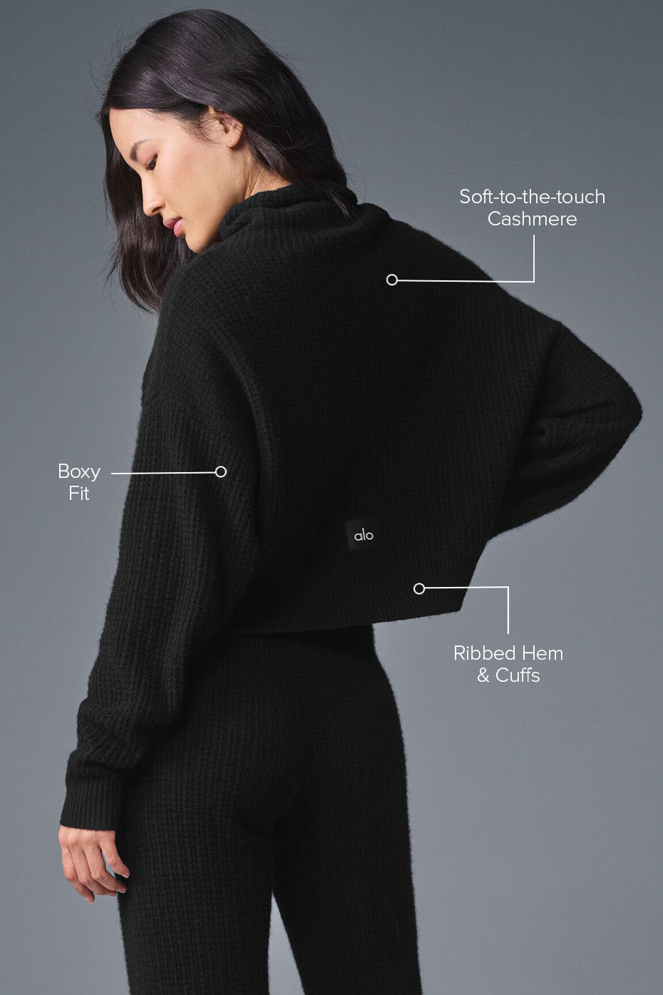 Cashmere Plush Waffle Turtleneck Pullover - Black — photo 2