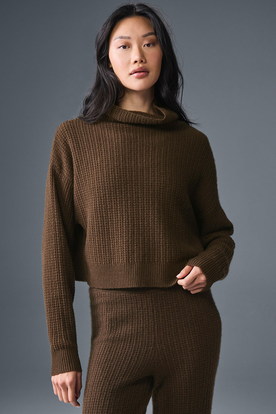 Cashmere Plush Waffle Turtleneck Pullover - Espresso — photo 1