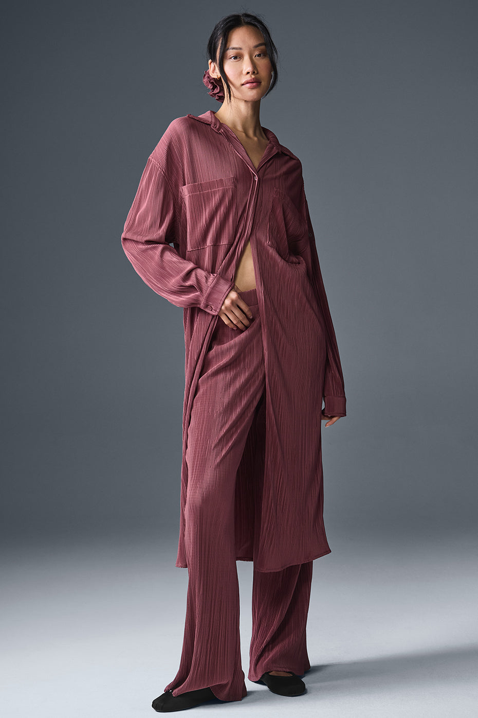 Micro Plisse Shirt Dress - Burgundy Truffle — photo 1