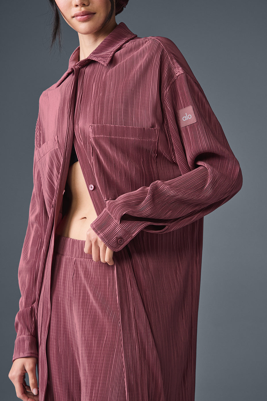 Micro Plisse Shirt Dress - Burgundy Truffle — photo 3
