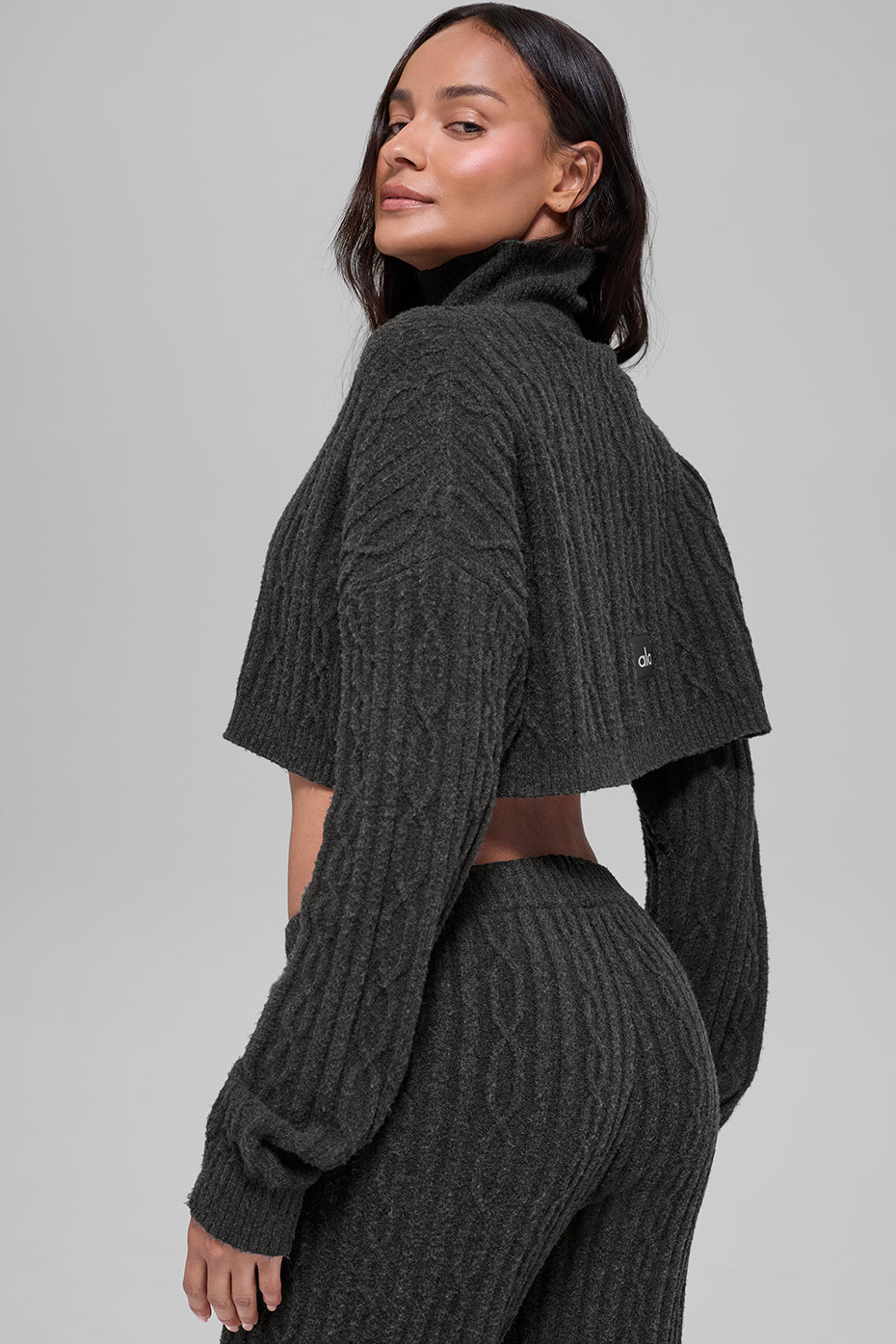 Cable Knit Cropped Winter Bliss Turtleneck Long Sleeve - Dark Heather Grey — photo 3