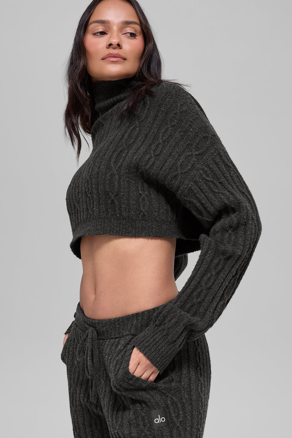 Cable Knit Cropped Winter Bliss Turtleneck Long Sleeve - Dark Heather Grey — photo 4