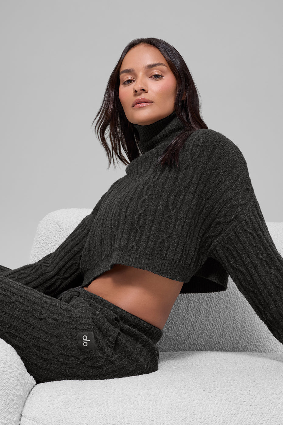 Cable Knit Cropped Winter Bliss Turtleneck Long Sleeve - Dark Heather Grey — photo 5