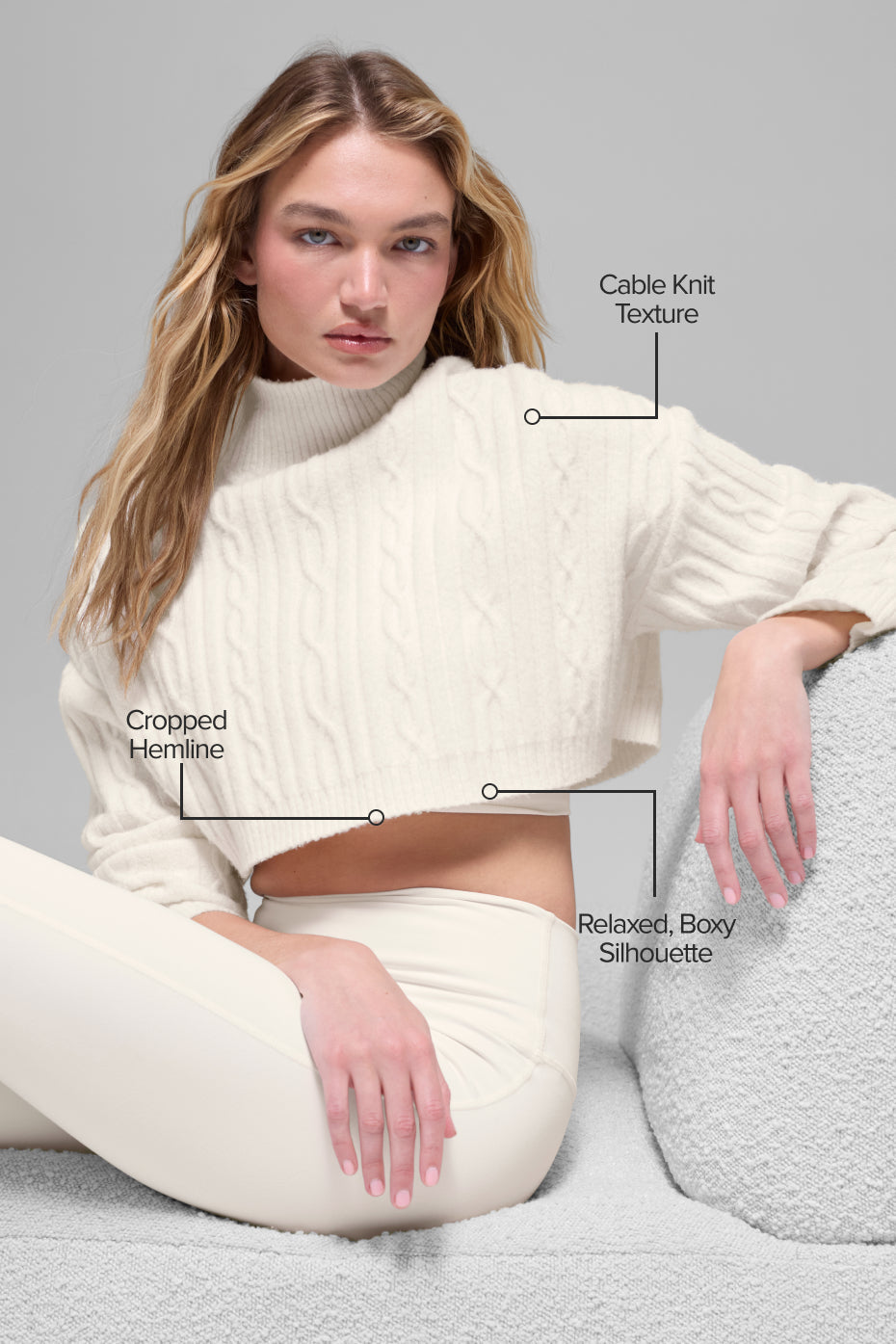 Cable Knit Cropped Winter Bliss Turtleneck Long Sleeve - Ivory — photo 2