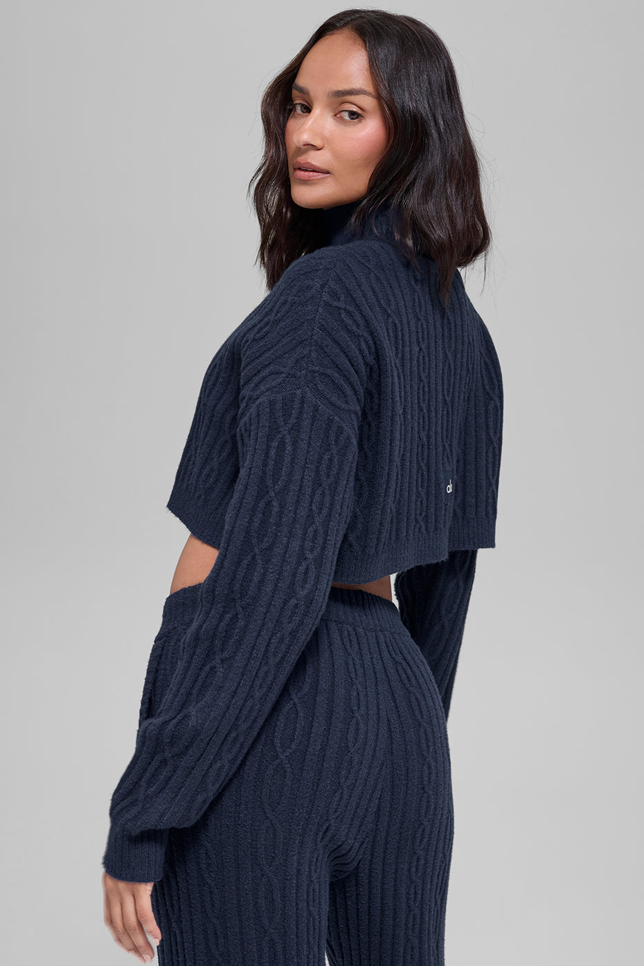 Cable Knit Cropped Winter Bliss Turtleneck Long Sleeve - Navy — photo 4