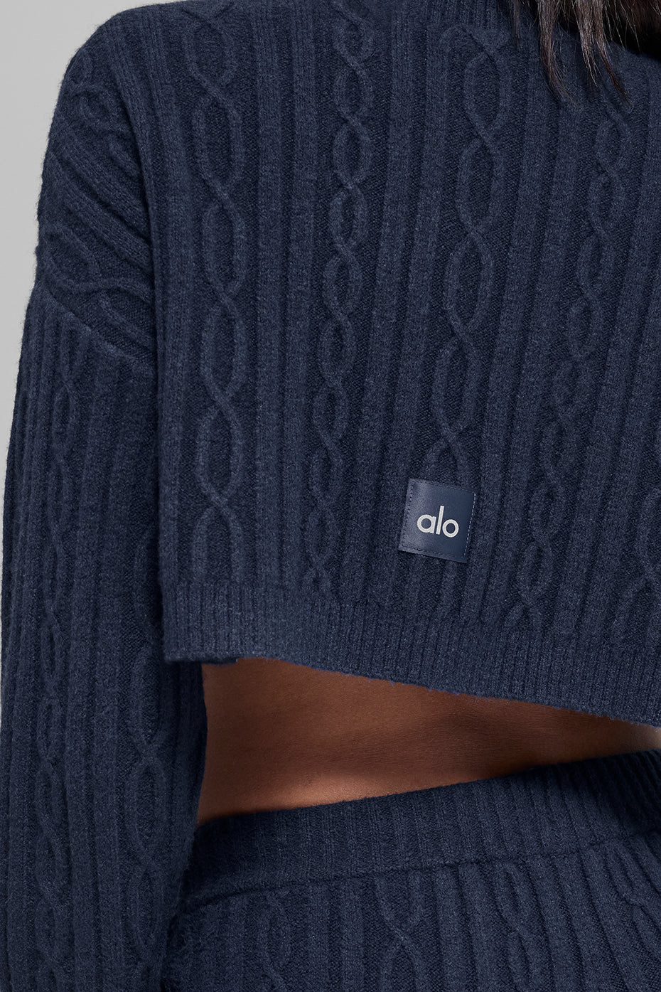 Cable Knit Cropped Winter Bliss Turtleneck Long Sleeve - Navy — photo 3