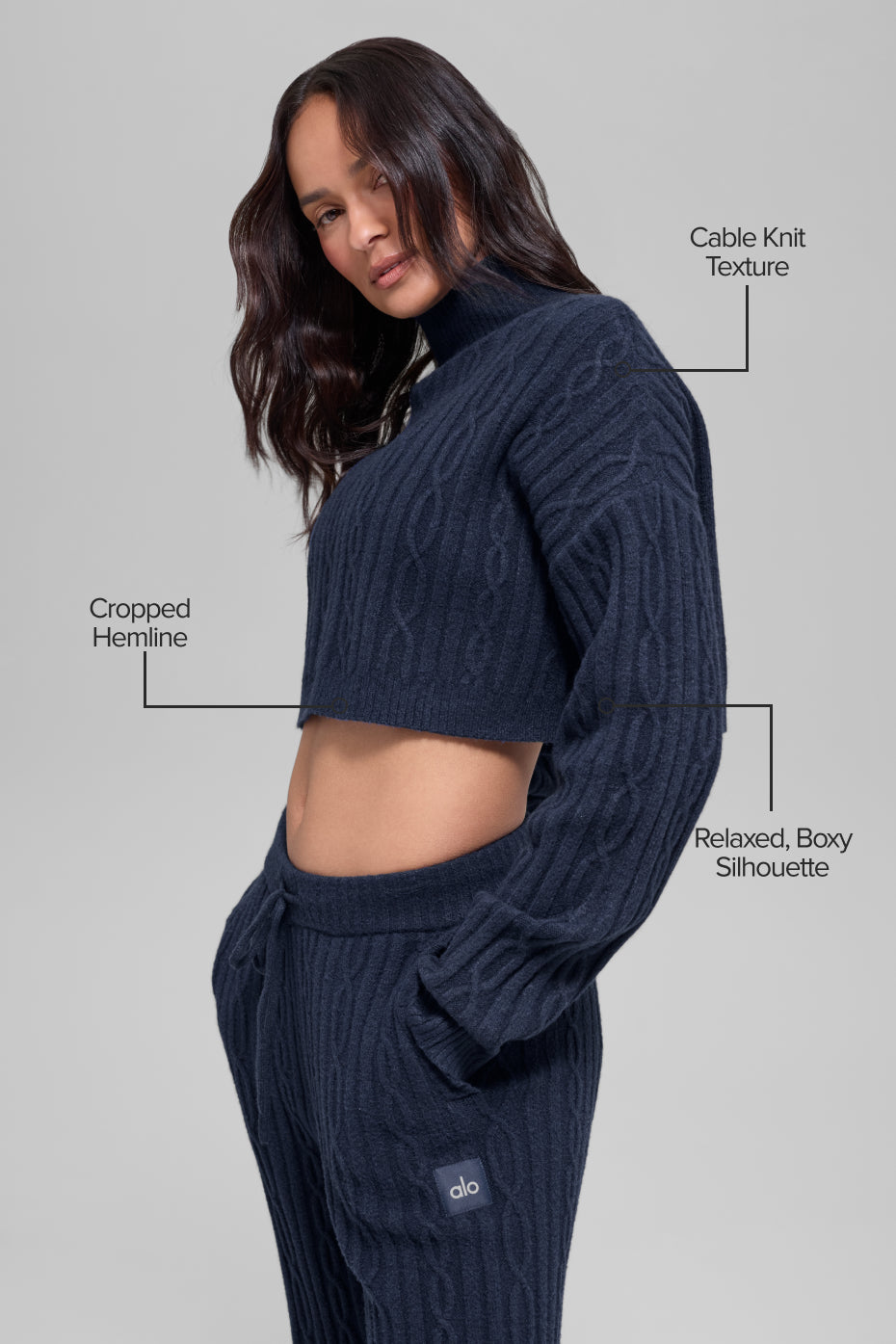 Cable Knit Cropped Winter Bliss Turtleneck Long Sleeve - Navy — photo 2
