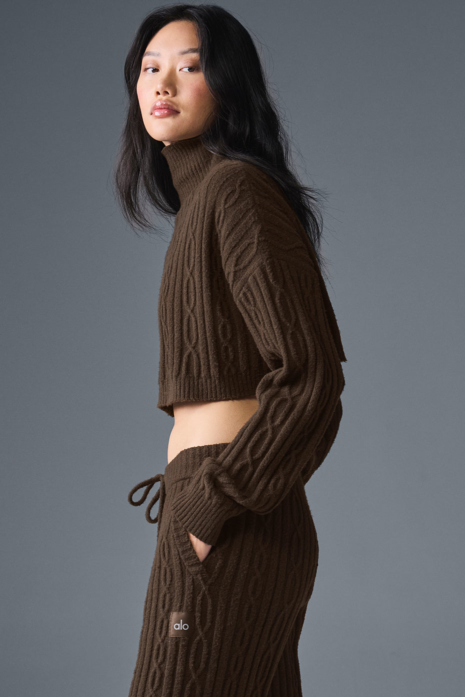 Cable Knit Cropped Winter Bliss Turtleneck Long Sleeve - Espresso — photo 5