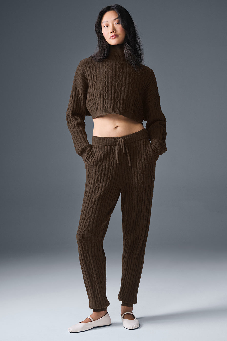 Cable Knit Cropped Winter Bliss Turtleneck Long Sleeve - Espresso — photo 3