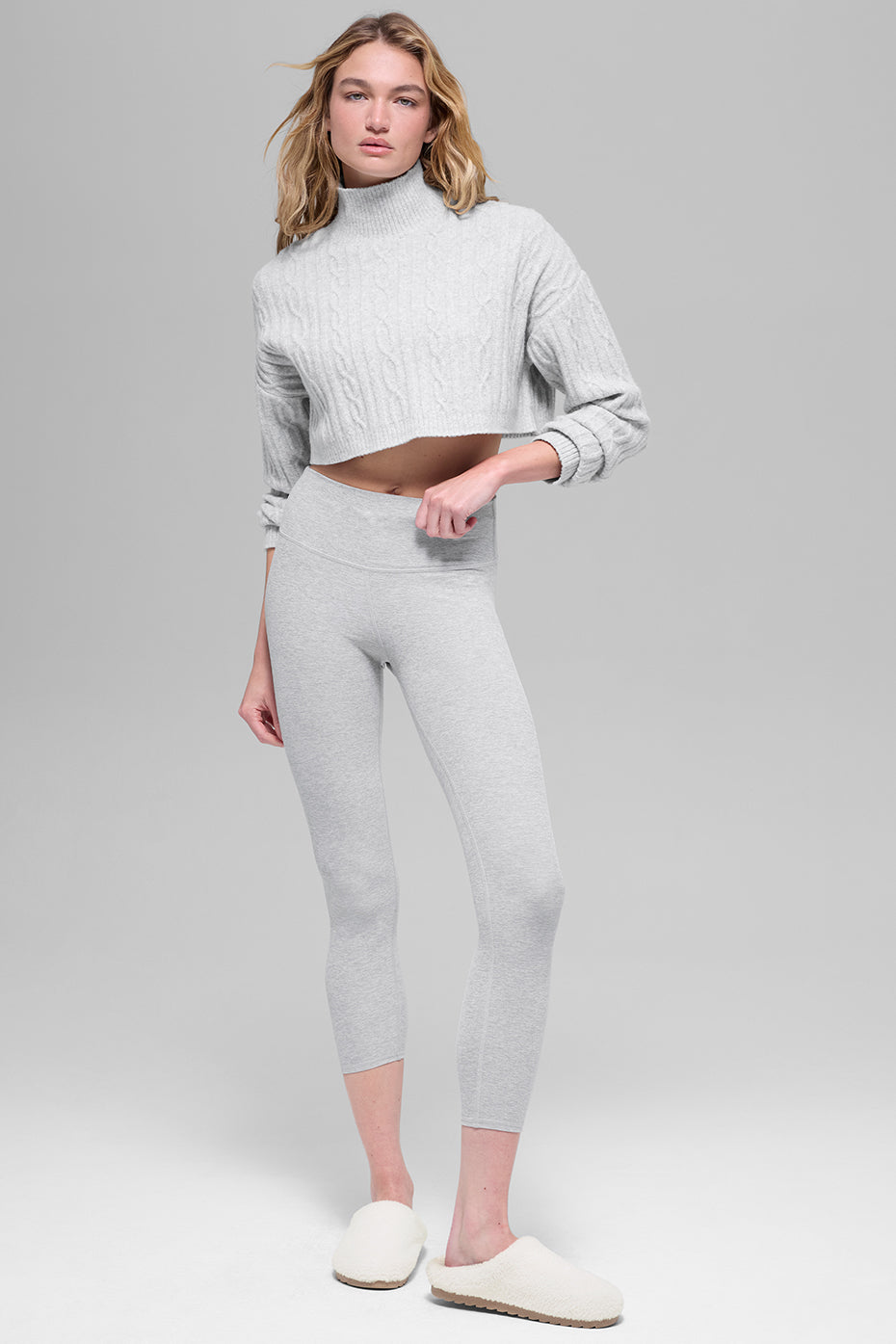 Cable Knit Cropped Winter Bliss Turtleneck Long Sleeve - Athletic Heather Grey — photo 5