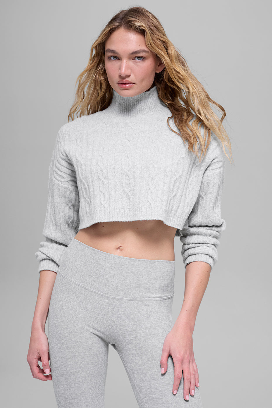 Cable Knit Cropped Winter Bliss Turtleneck Long Sleeve - Athletic Heather Grey — photo 1