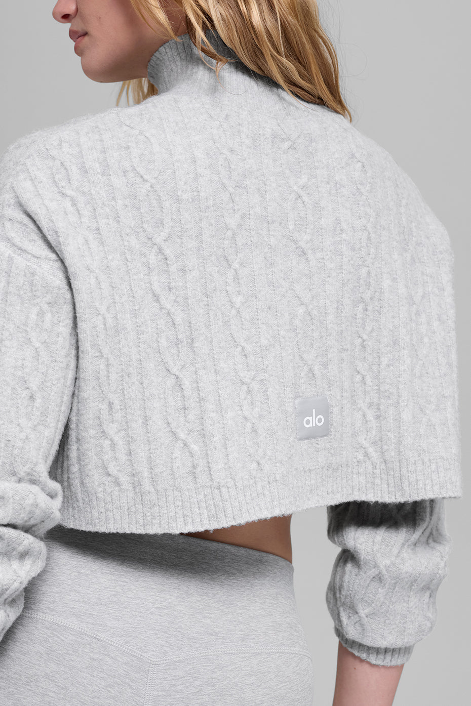 Cable Knit Cropped Winter Bliss Turtleneck Long Sleeve - Athletic Heather Grey — photo 3
