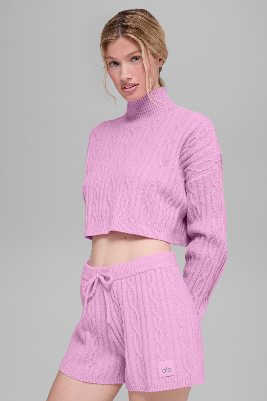 Cable Knit Cropped Winter Bliss Turtleneck Long Sleeve - Candy Heart Pink — photo 4