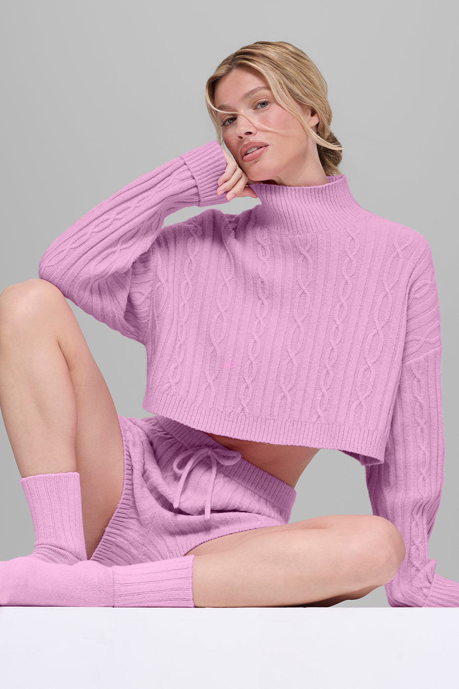 Cable Knit Cropped Winter Bliss Turtleneck Long Sleeve - Candy Heart Pink — photo 5