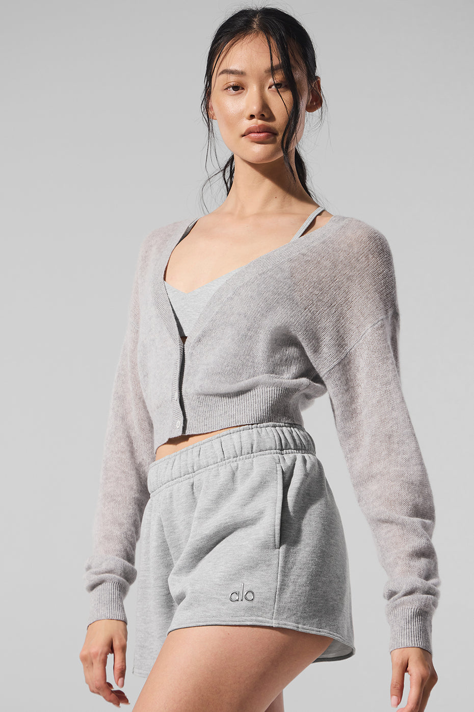 Sheer Cashmere Cropped Cardigan - Athletic Heather Grey — photo 5