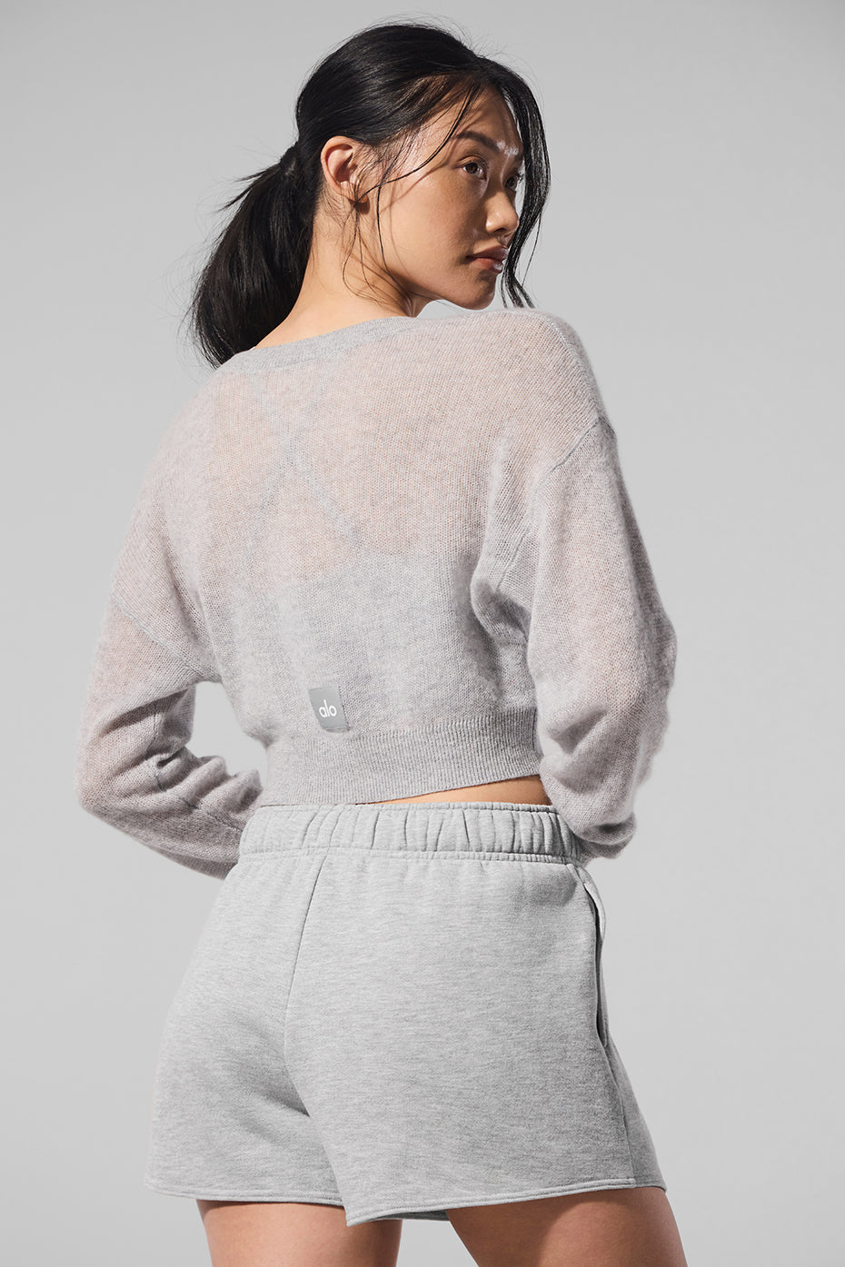 Sheer Cashmere Cropped Cardigan - Athletic Heather Grey — photo 3