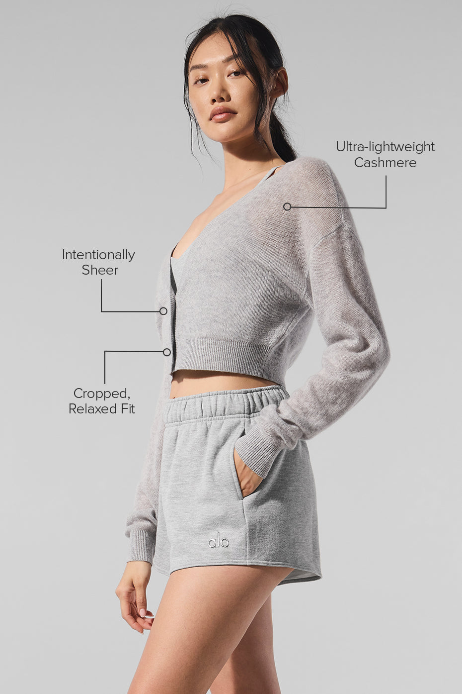 Sheer Cashmere Cropped Cardigan - Athletic Heather Grey — photo 2