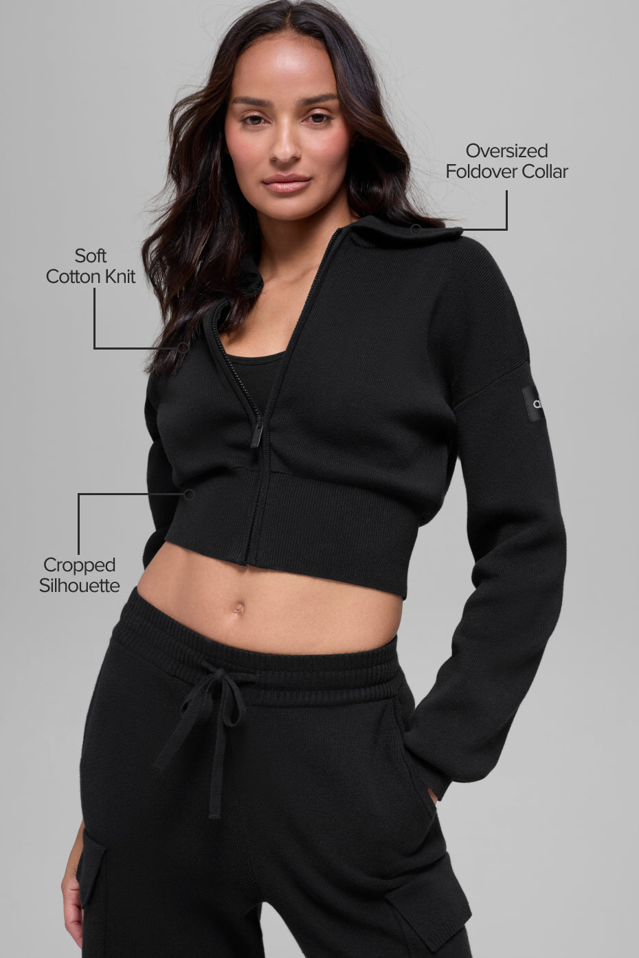 Scholar Knit Cropped Full Zip Jacket - Black — photo 2