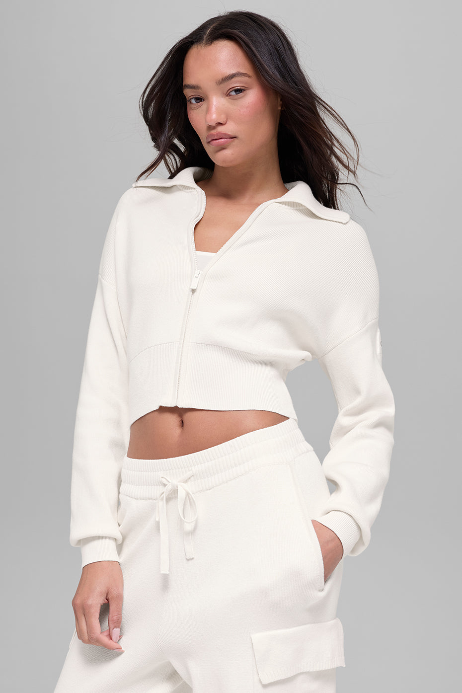 Scholar Knit Cropped Full Zip Jacket - Ivory — photo 3