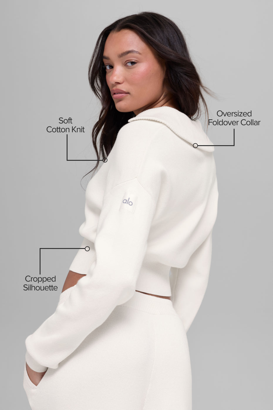 Scholar Knit Cropped Full Zip Jacket - Ivory — photo 2