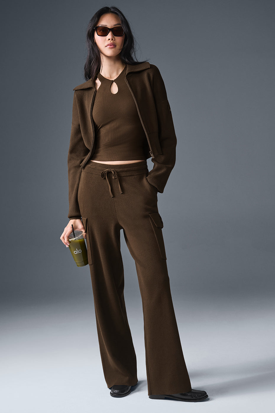 Scholar Knit Cropped Full Zip Jacket - Espresso — photo 4