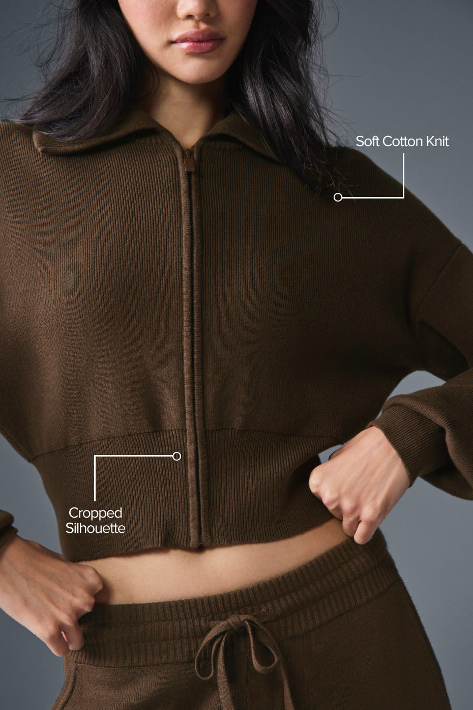 Scholar Knit Cropped Full Zip Jacket - Espresso — photo 2