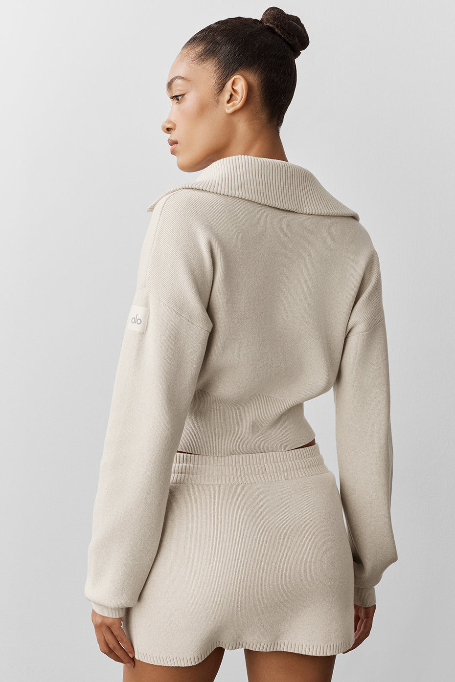 Scholar Knit Cropped Full Zip Jacket - Oatmeal Heather — photo 2