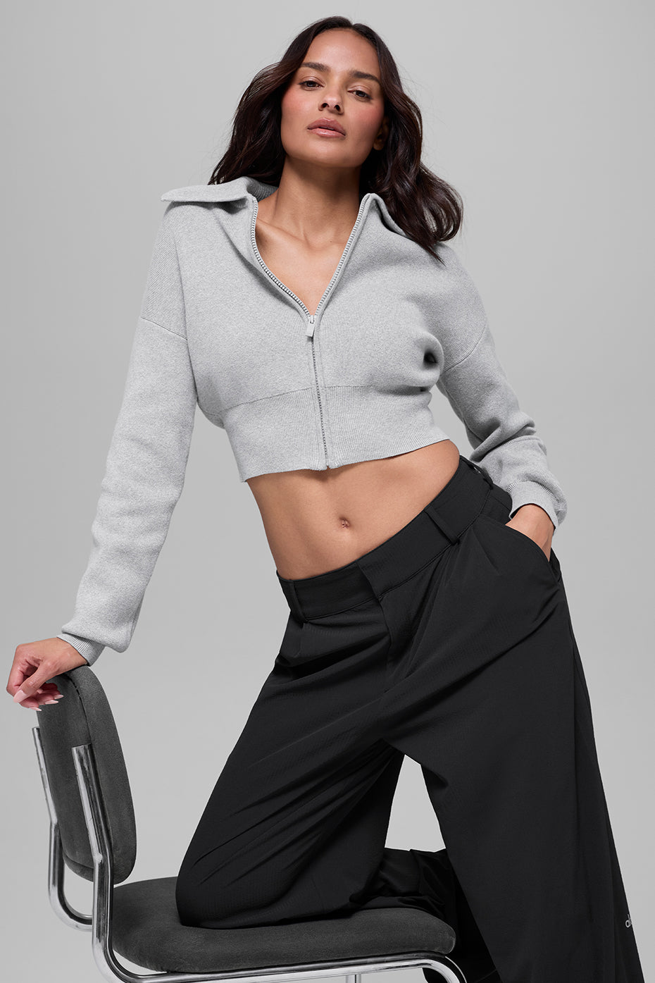 Scholar Knit Cropped Full Zip Jacket - Athletic Heather Grey — photo 1