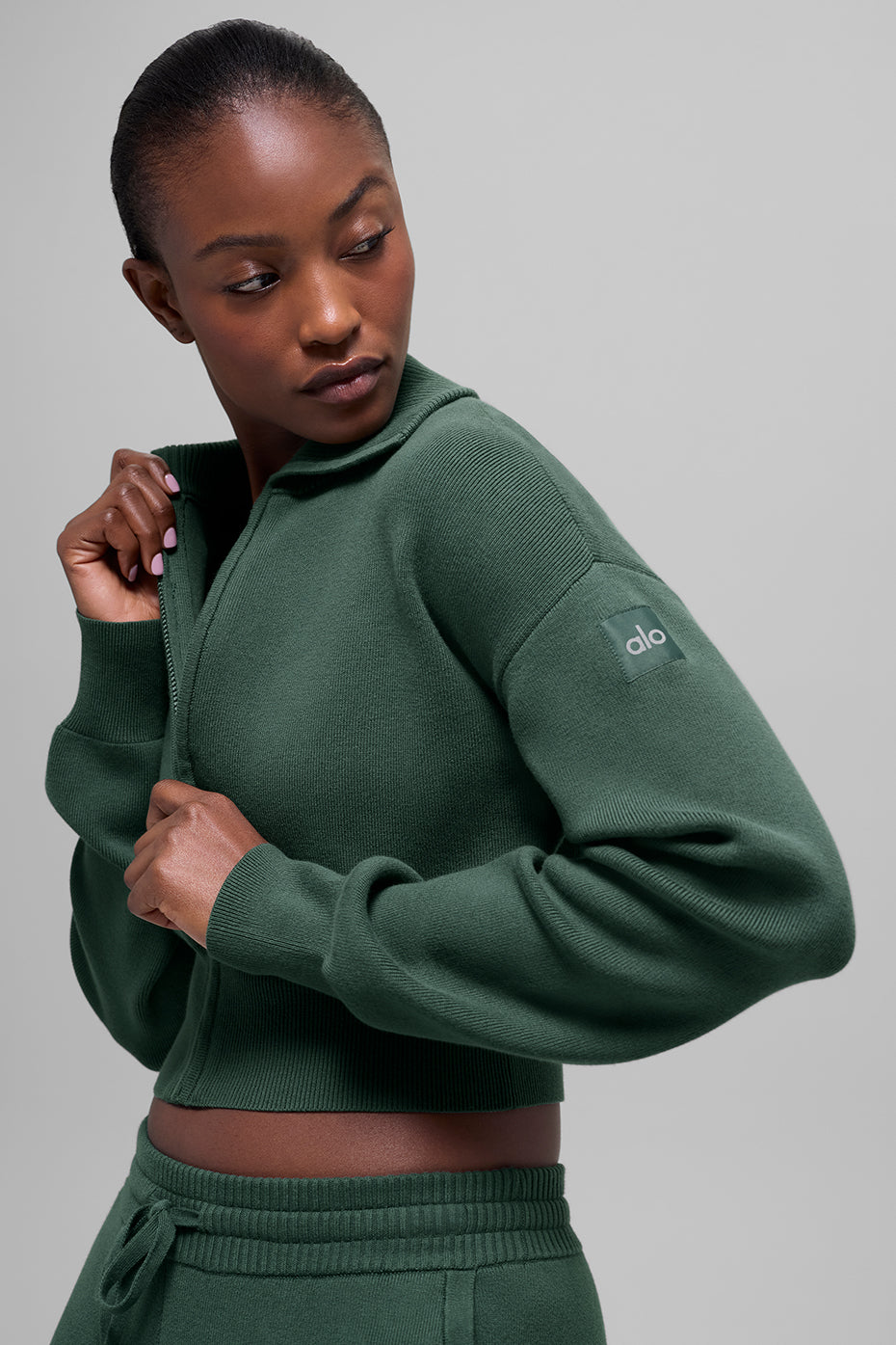 Scholar Knit Cropped Full Zip Jacket - Clover Green — photo 3
