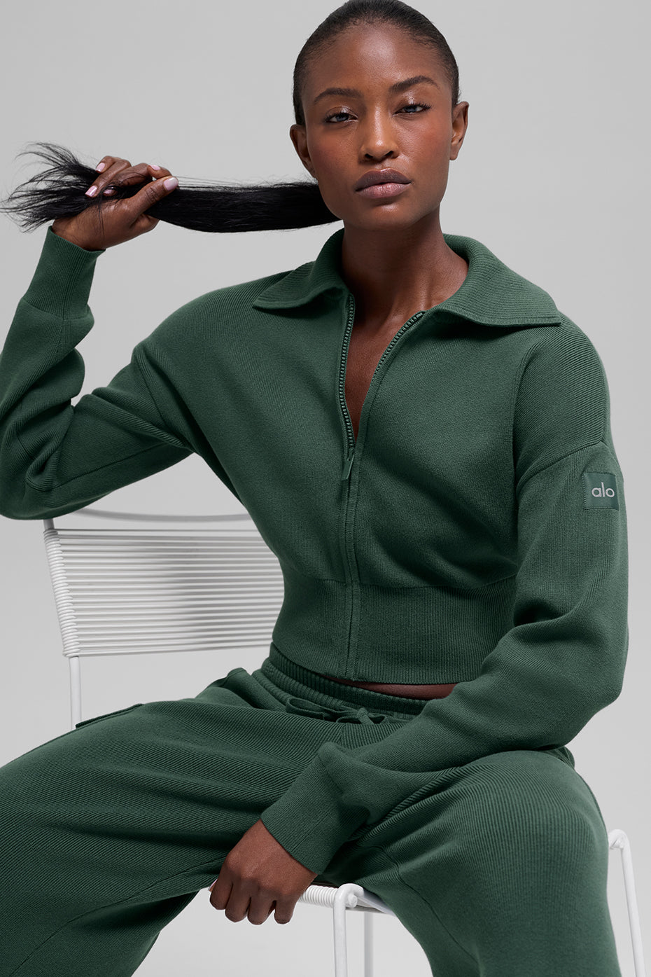 Scholar Knit Cropped Full Zip Jacket - Clover Green — photo 1