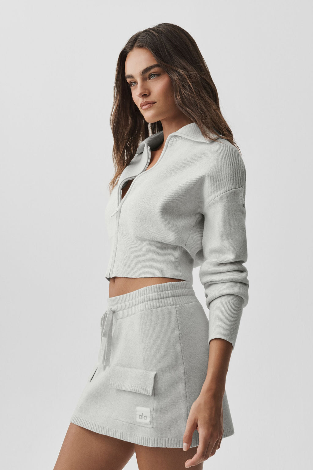 Scholar Knit Cropped Full Zip Jacket - White Heather — photo 4
