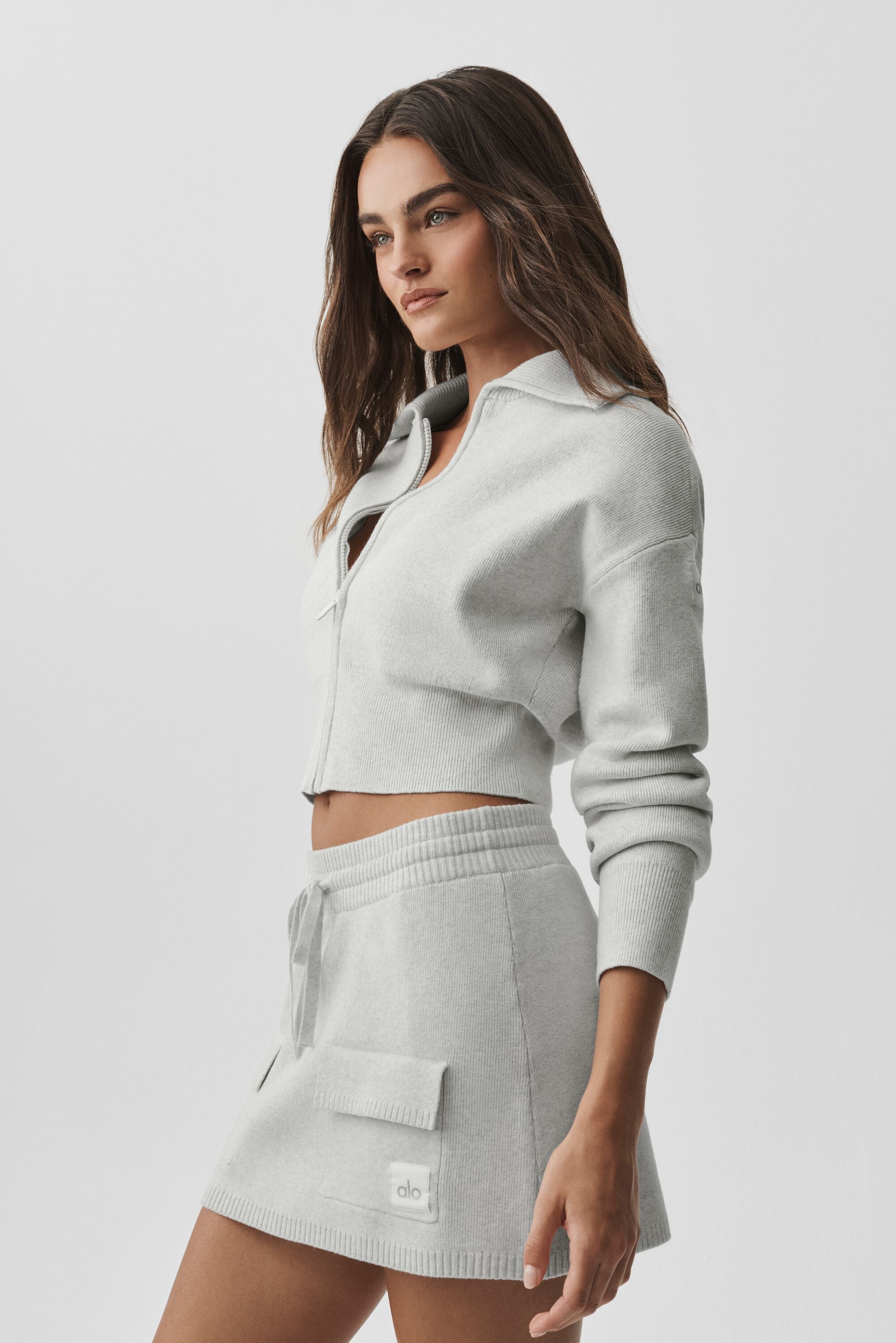 Scholar Knit Cropped Full Zip Jacket - White Heather — photo 4
