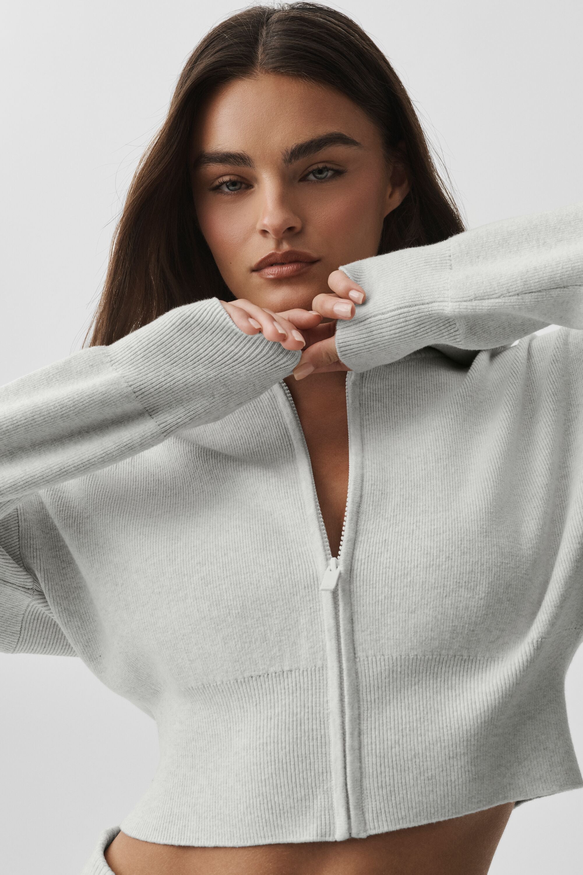 Scholar Knit Cropped Full Zip Jacket - White Heather — photo 5