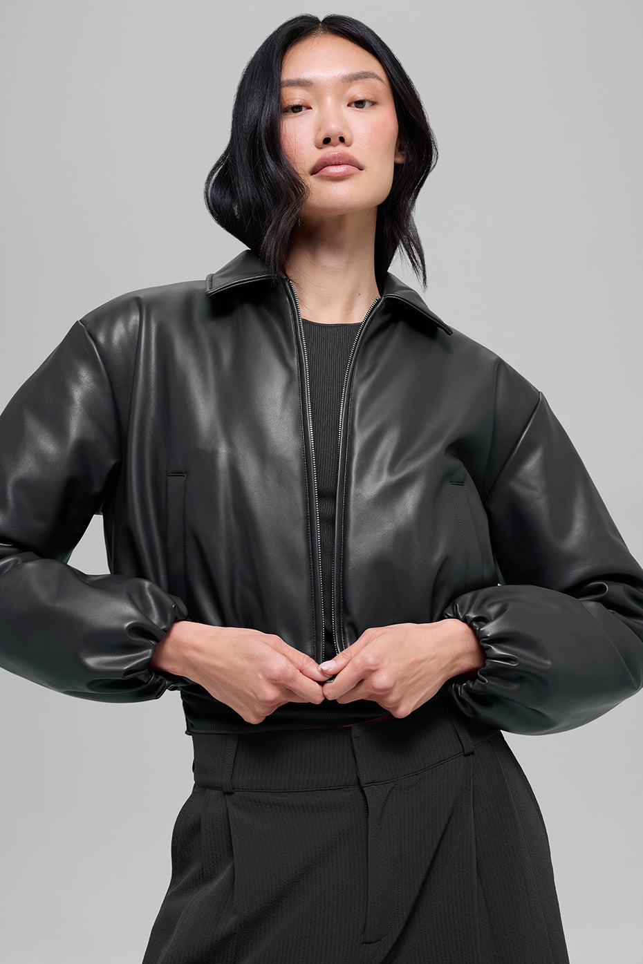 Faux Leather Cropped Premier Bomber - Black — photo 1