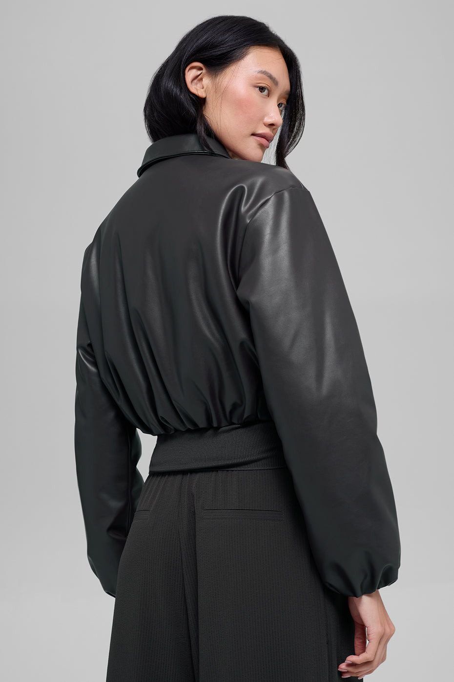Faux Leather Cropped Premier Bomber - Black — photo 3