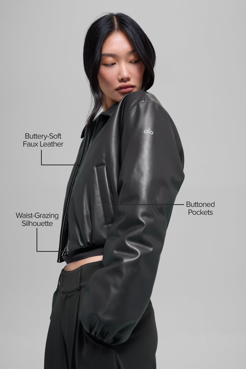 Faux Leather Cropped Premier Bomber - Black — photo 2