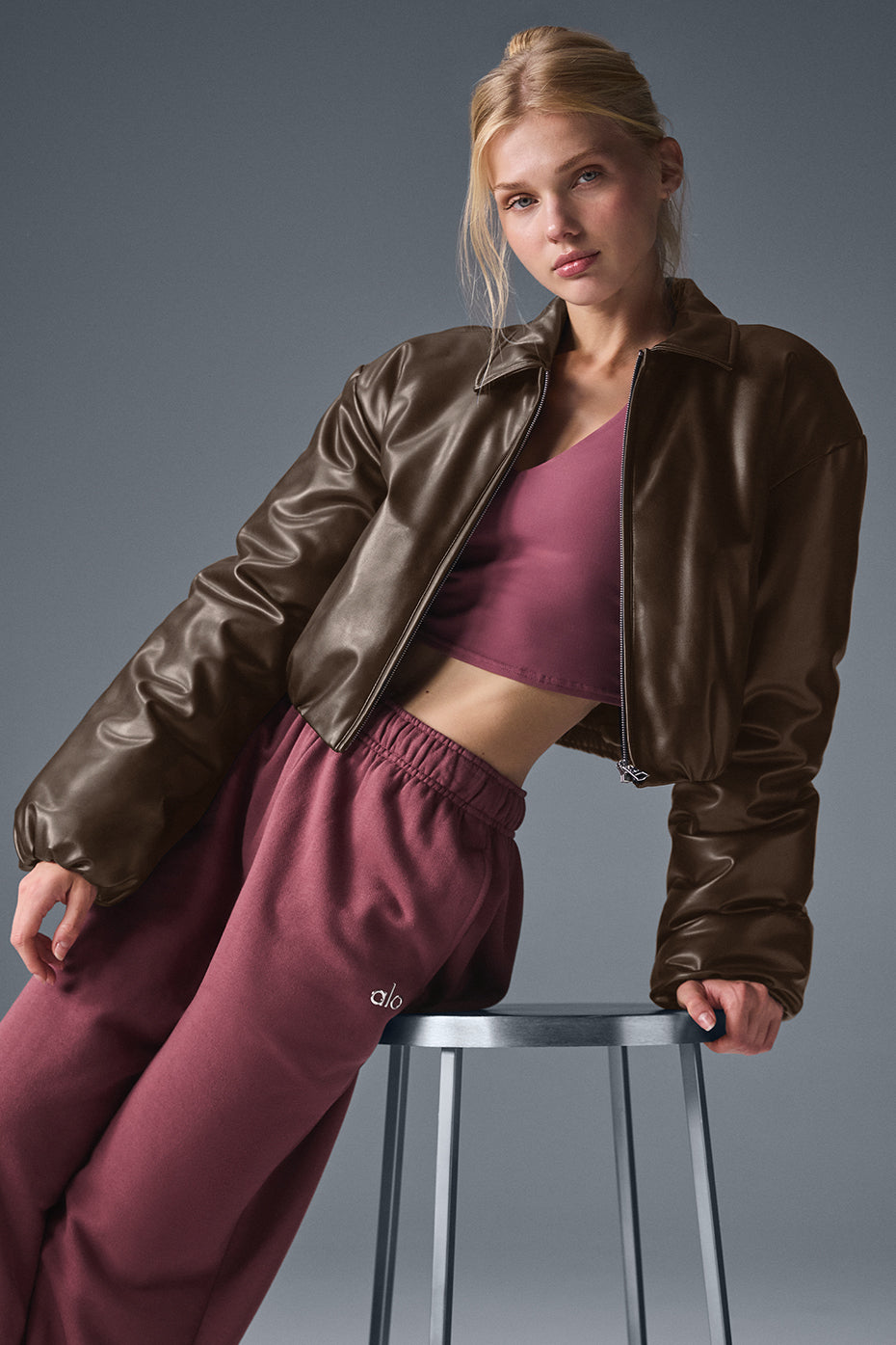 Faux Leather Cropped Premier Bomber - Espresso — photo 1