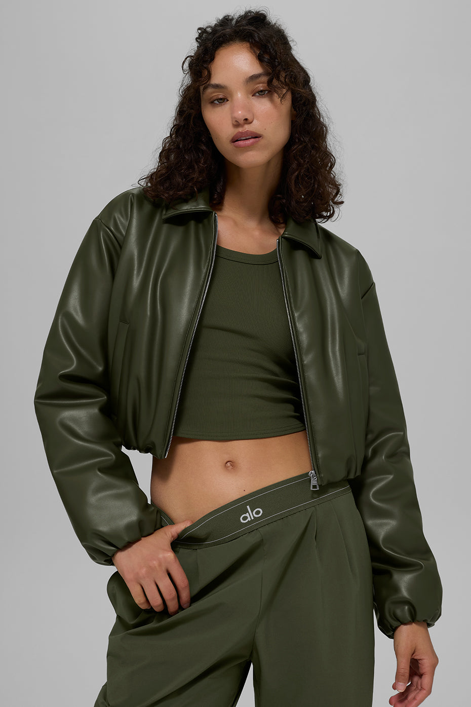 Faux Leather Cropped Premier Bomber - Green Olive — photo 2
