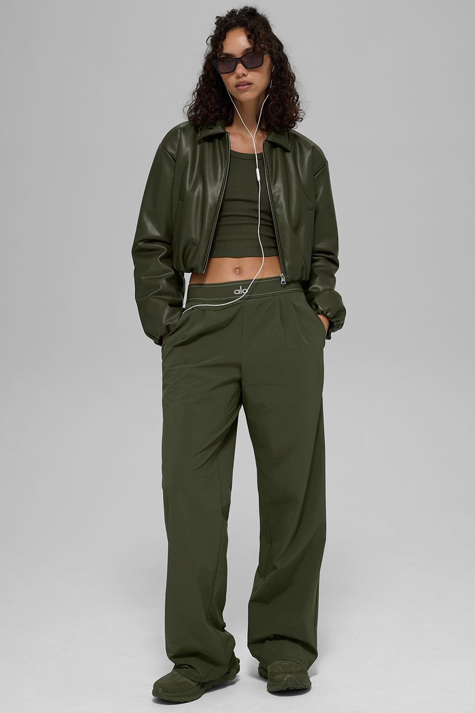 Faux Leather Cropped Premier Bomber - Green Olive — photo 6
