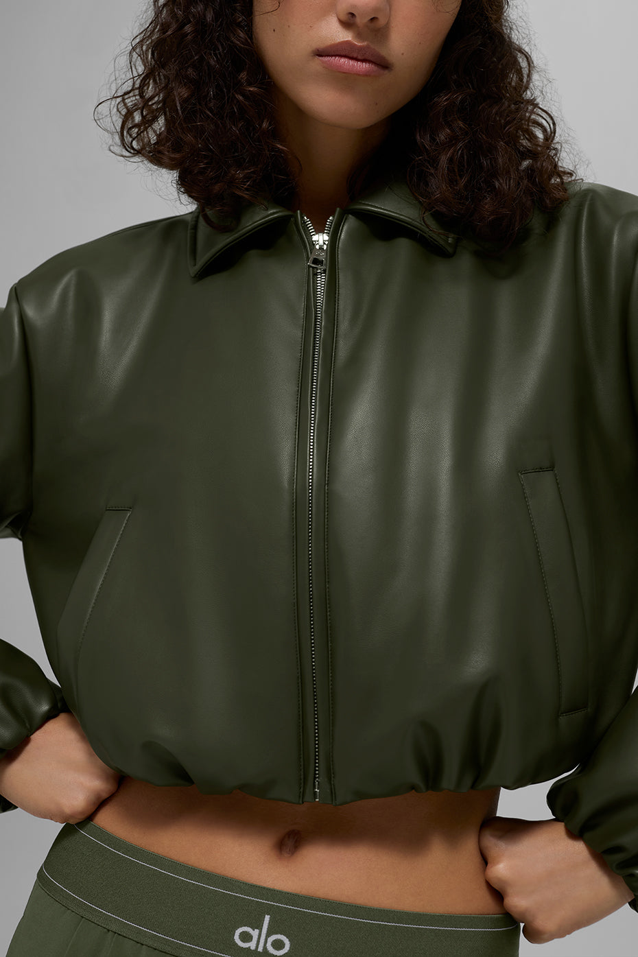 Faux Leather Cropped Premier Bomber - Green Olive — photo 3