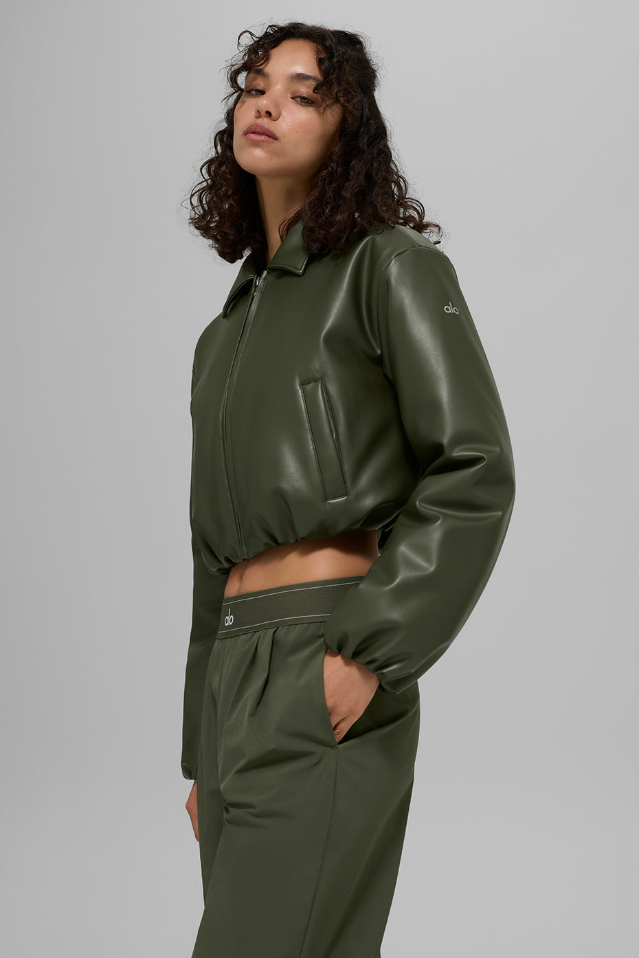 Faux Leather Cropped Premier Bomber - Green Olive — photo 5