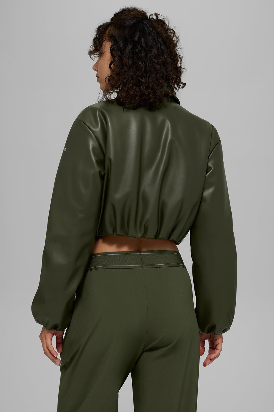 Faux Leather Cropped Premier Bomber - Green Olive — photo 4