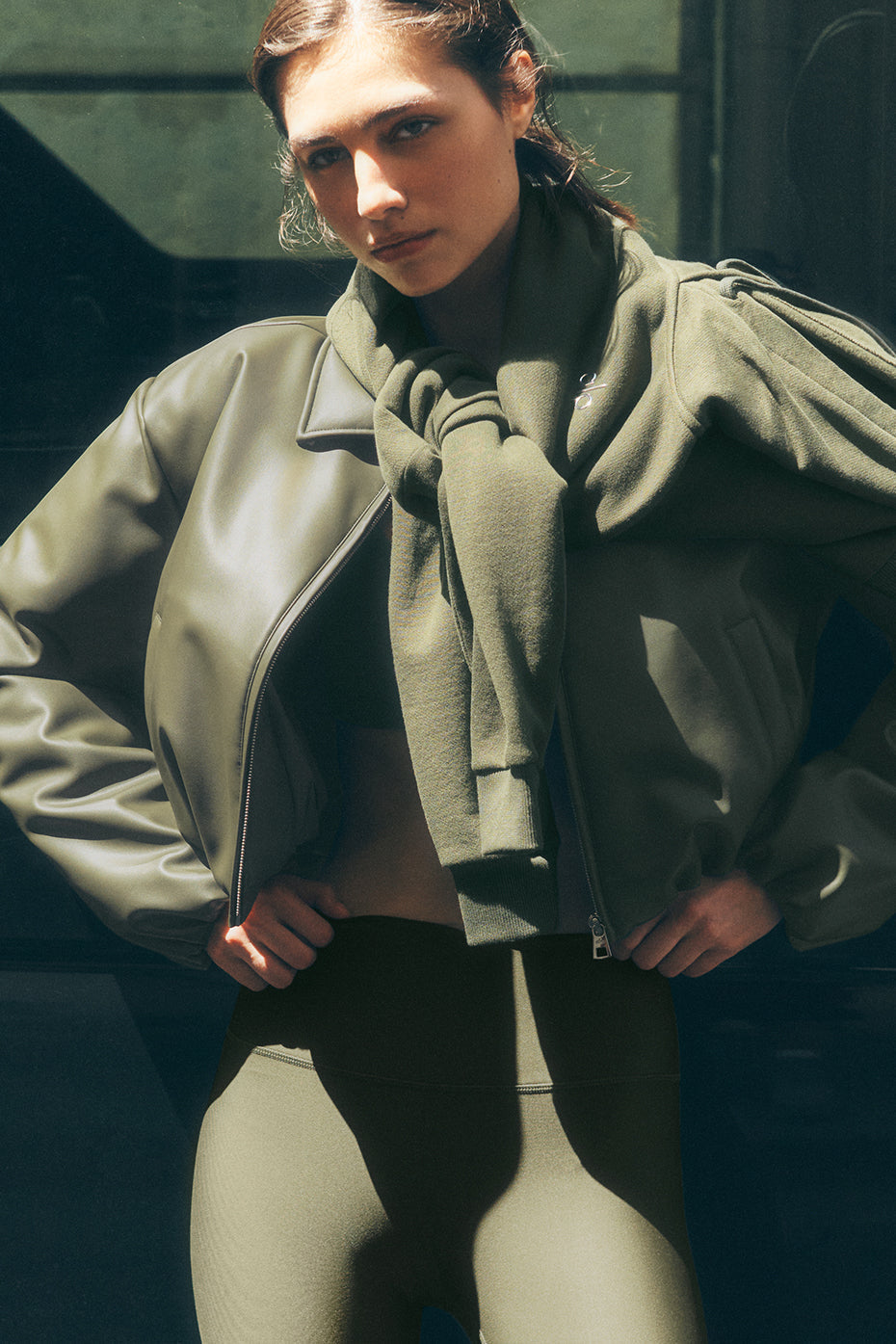Faux Leather Cropped Premier Bomber - Green Olive — photo 1