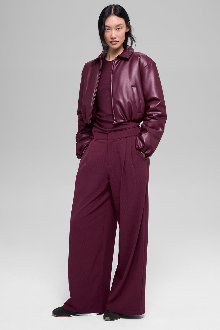 Faux Leather Cropped Premier Bomber - Burgundy — photo 6