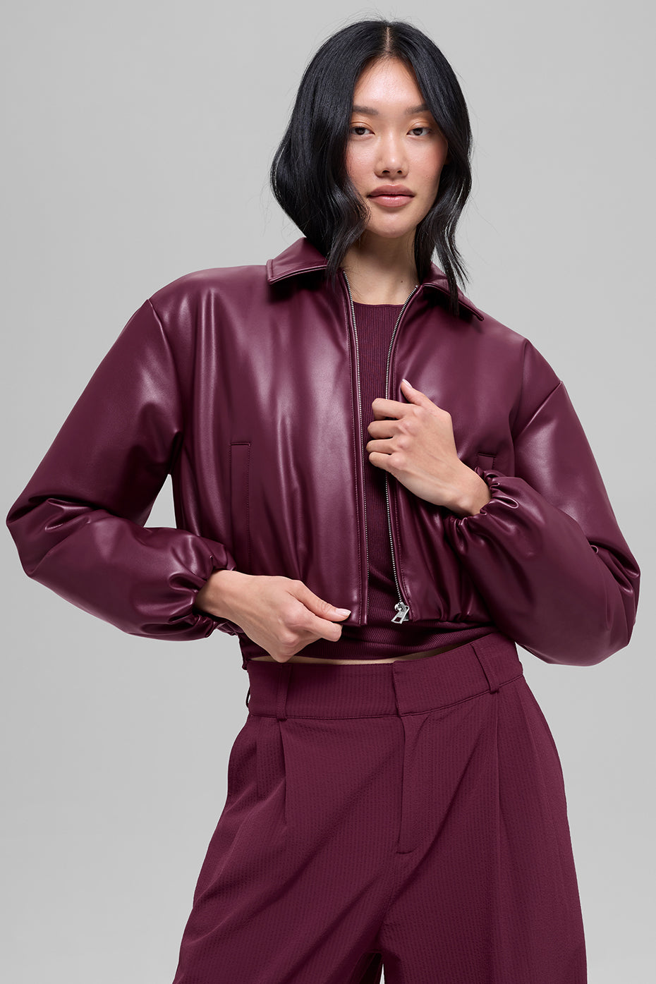 Faux Leather Cropped Premier Bomber - Burgundy — photo 4